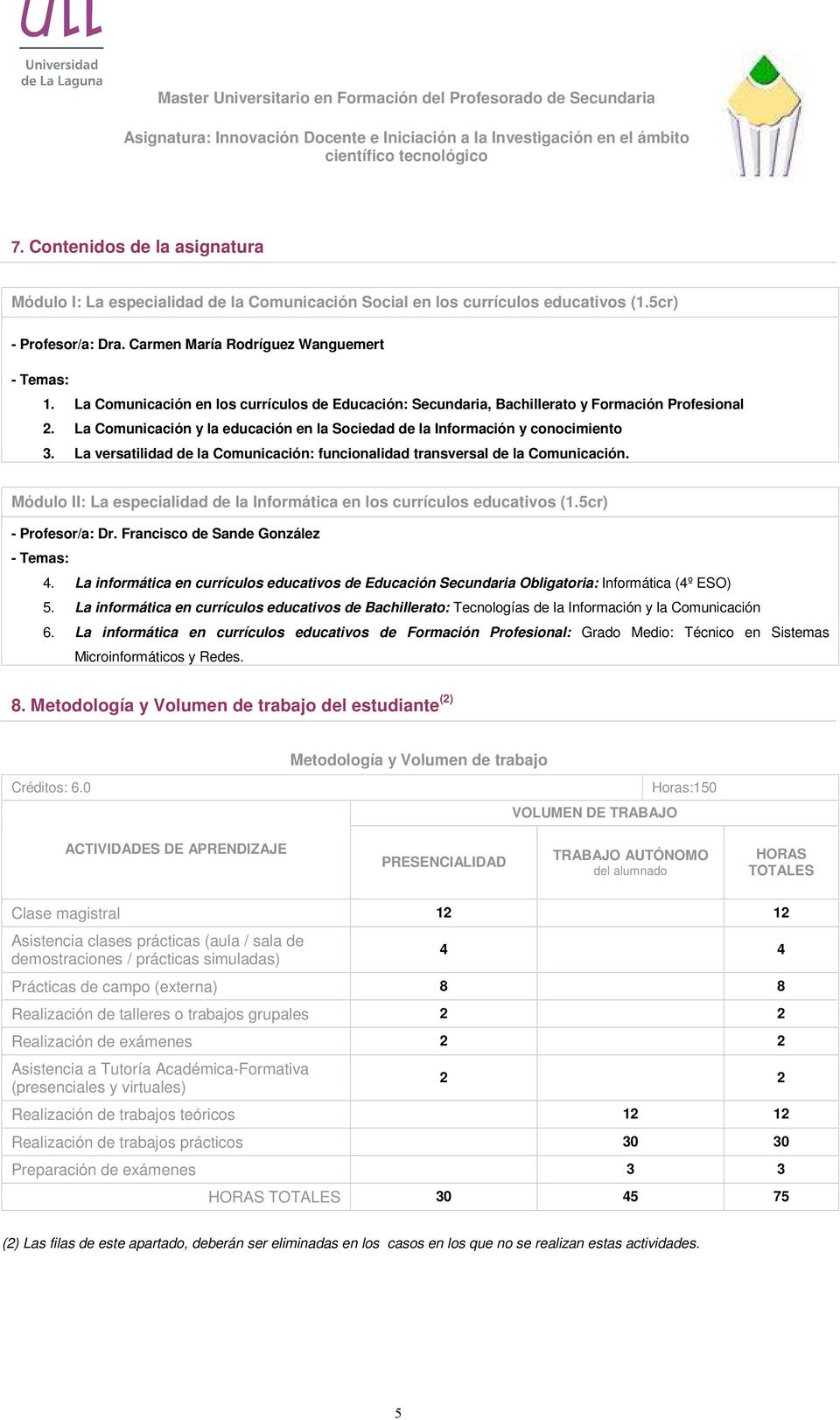 La versatilidad de la : funcionalidad transversal de la. Módulo II: La especialidad de la en los currículos educativos (1.5cr) - Profesor/a: Dr. Francisco de Sande González - Temas: 4.