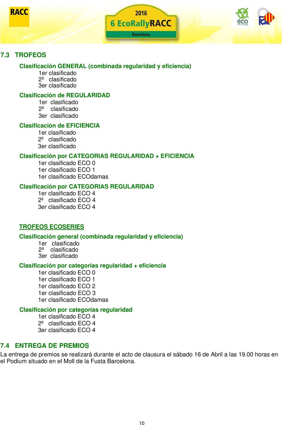 Clasificación por CATEGORIAS REGULARIDAD 1er clasificado ECO 4 2º clasificado ECO 4 3er clasificado ECO 4 TROFEOS ECOSERIES Clasificación general (combinada regularidad y eficiencia) 1er clasificado