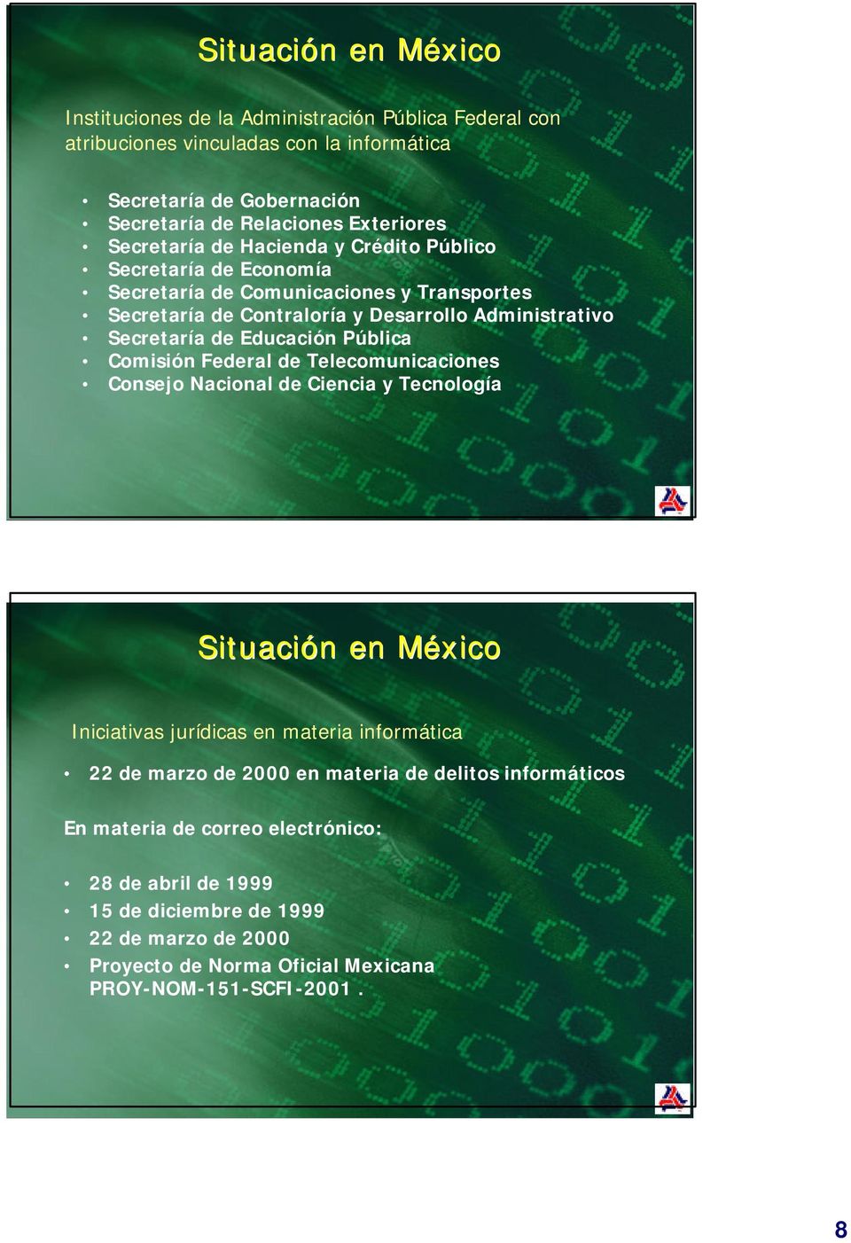 Educación Pública Comisión Federal de Telecomunicaciones Consejo Nacional de Ciencia y Tecnología Situación en México Iniciativas jurídicas en materia informática 22 de marzo de 2000