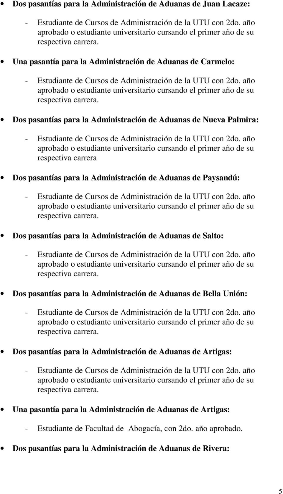 Administración de Aduanas de Salto: Dos pasantías para la Administración de Aduanas de Bella Unión: Dos pasantías para la Administración de Aduanas de