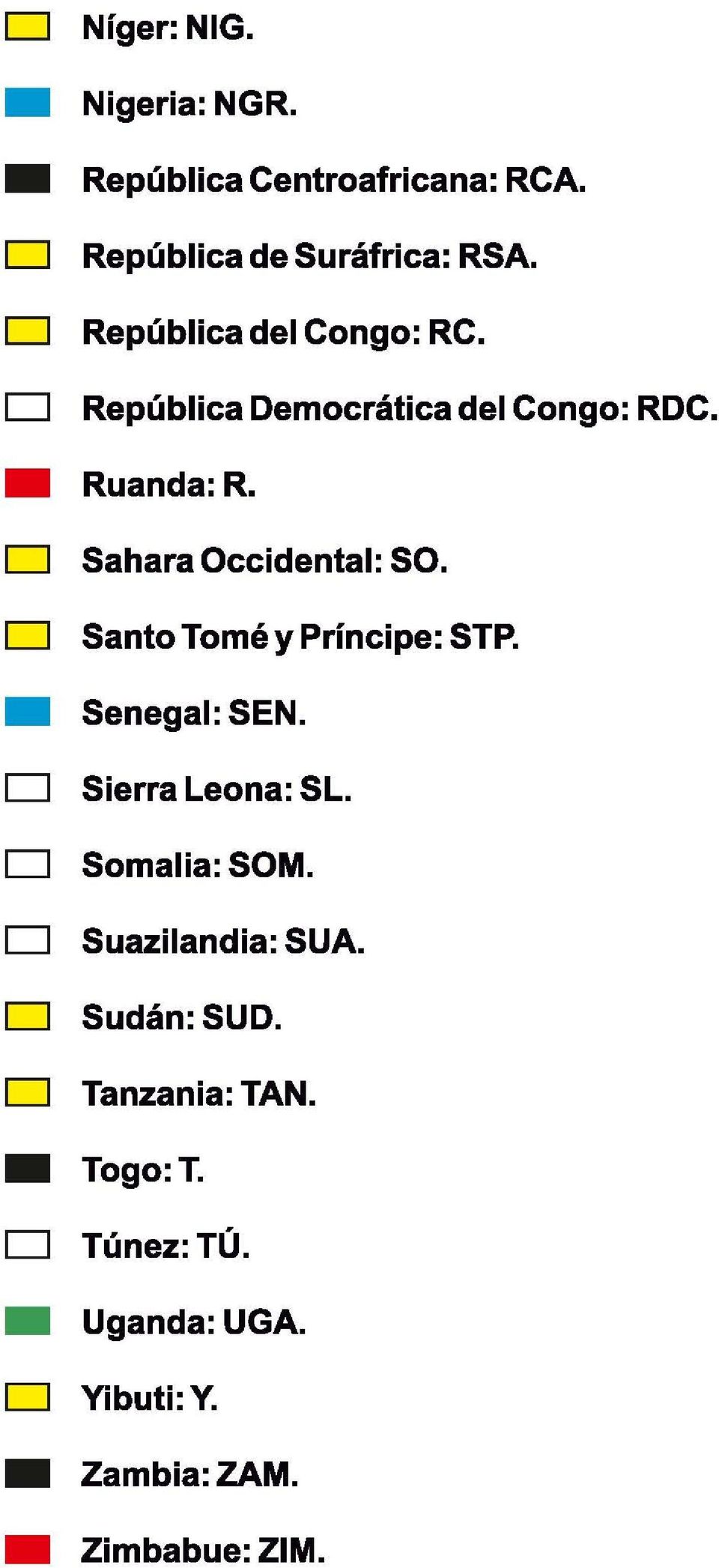 Sahara Occidental: SO. Santo Tomé y Príncipe: STP. Senegal: SEN. Sierra Leona: SL.
