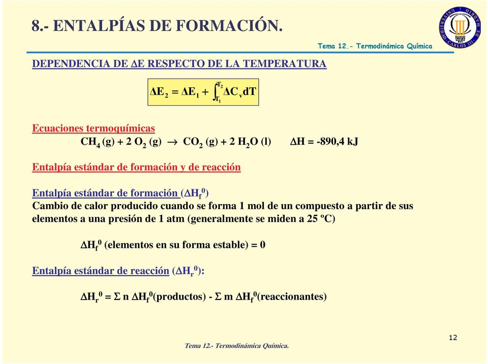 Entalpía estándar de formación ( H f ) Cambio de calor producido cuando se forma mol de un compuesto a partir de sus elementos a una