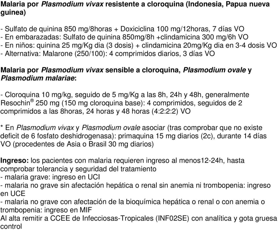 por Plasmodium vivax sensible a cloroquina, Plasmodium ovale y Plasmodium malariae: - Cloroquina 10 mg/kg, seguido de 5 mg/kg a las 8h, 24h y 48h, generalmente Resochin 250 mg (150 mg cloroquina