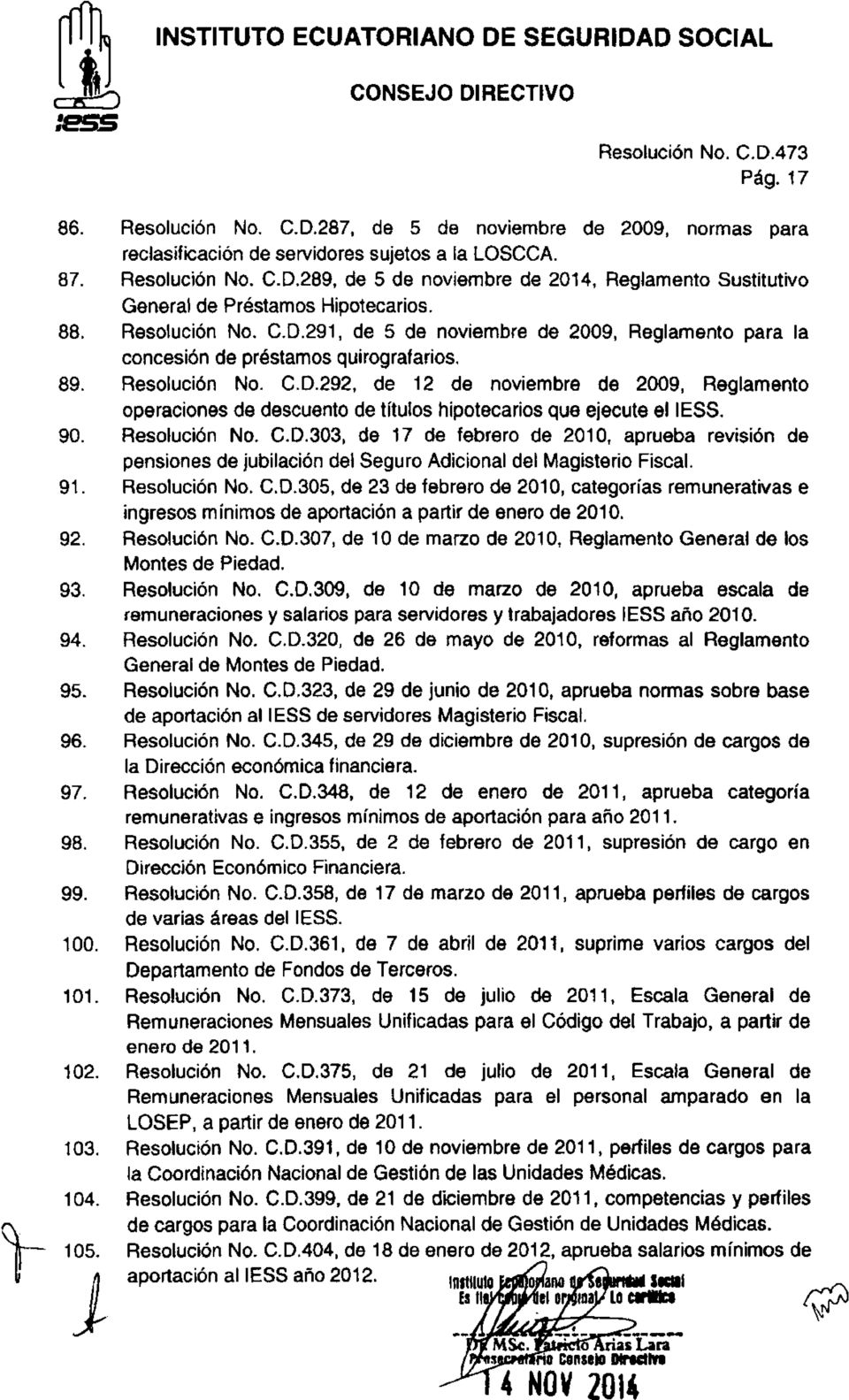289, de 5 de noviembre de 2014, Reglamento Sustitutivo General de Préstamos Hipotecarios. Resolución No. C.D.291, de 5 de noviembre de 2009, Reglamento para la concesión de préstamos quirografarios.