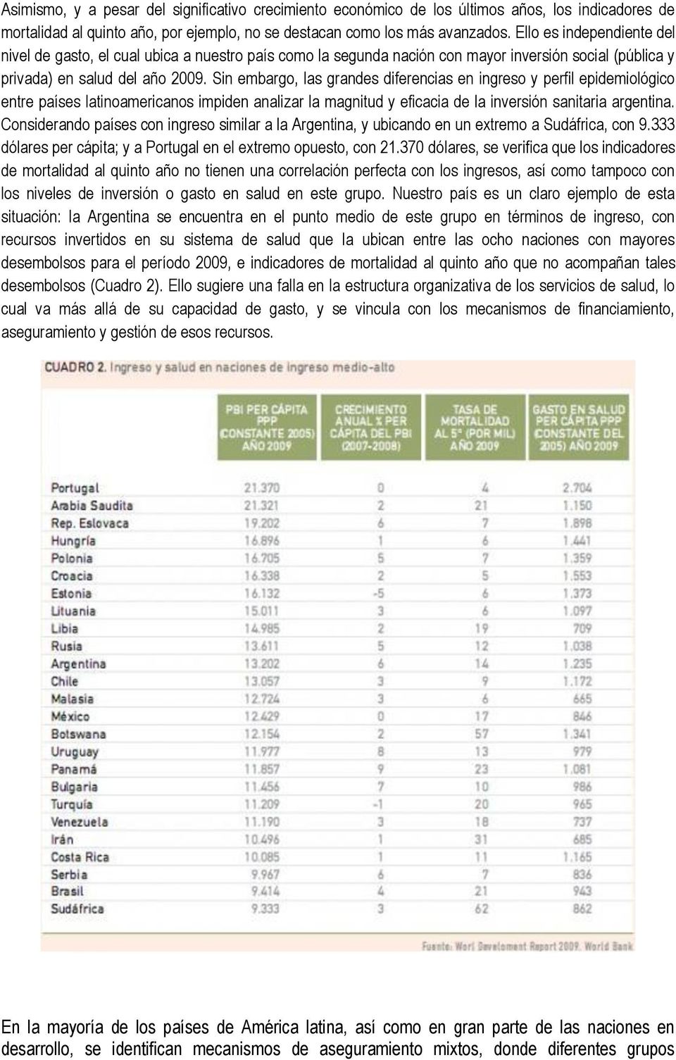 Sin embargo, las grandes diferencias en ingreso y perfil epidemiológico entre países latinoamericanos impiden analizar la magnitud y eficacia de la inversión sanitaria argentina.