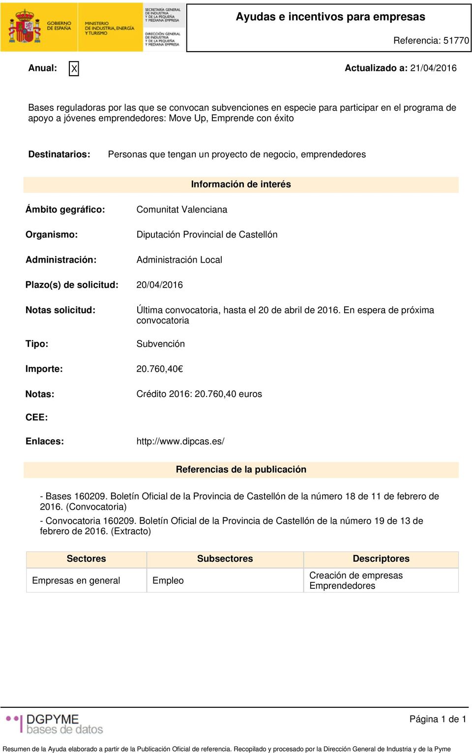Comunitat Valenciana Diputación Provincial de Castellón Administración Local Plazo(s) de solicitud: 20/04/2016 Notas solicitud: Tipo: Última convocatoria, hasta el 20 de abril de 2016.