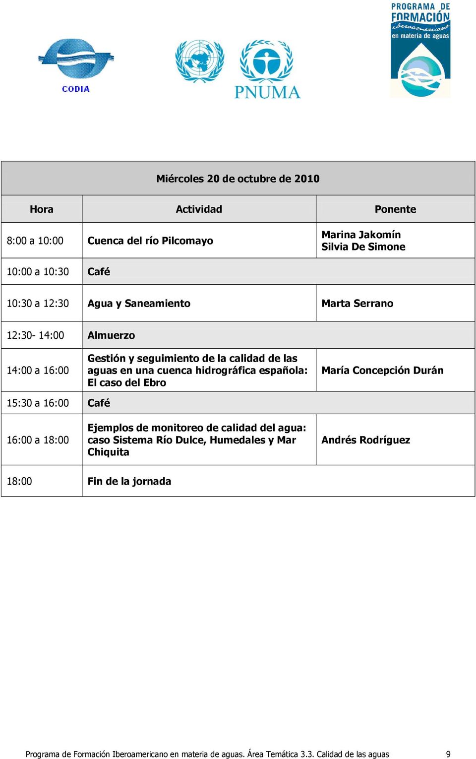 española: El caso del Ebro María Concepción Durán 15:30 a 16:00 Café 16:00 a 18:00 Ejemplos de monitoreo de calidad del agua: caso Sistema Río Dulce,
