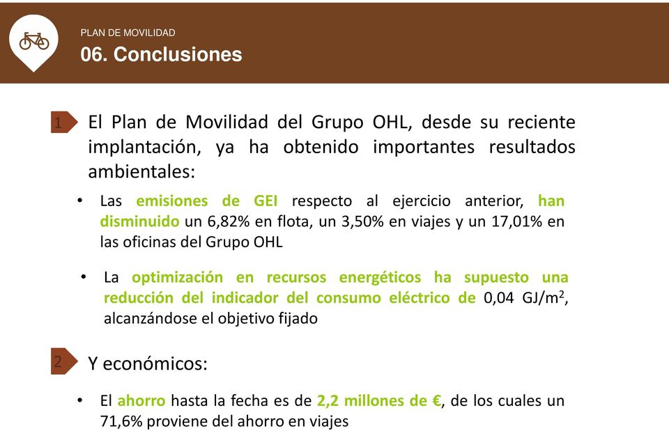 Grupo OHL La optimización en recursos energéticos ha supuesto una reducción del indicador del consumo eléctrico de 0,04 GJ/m 2,