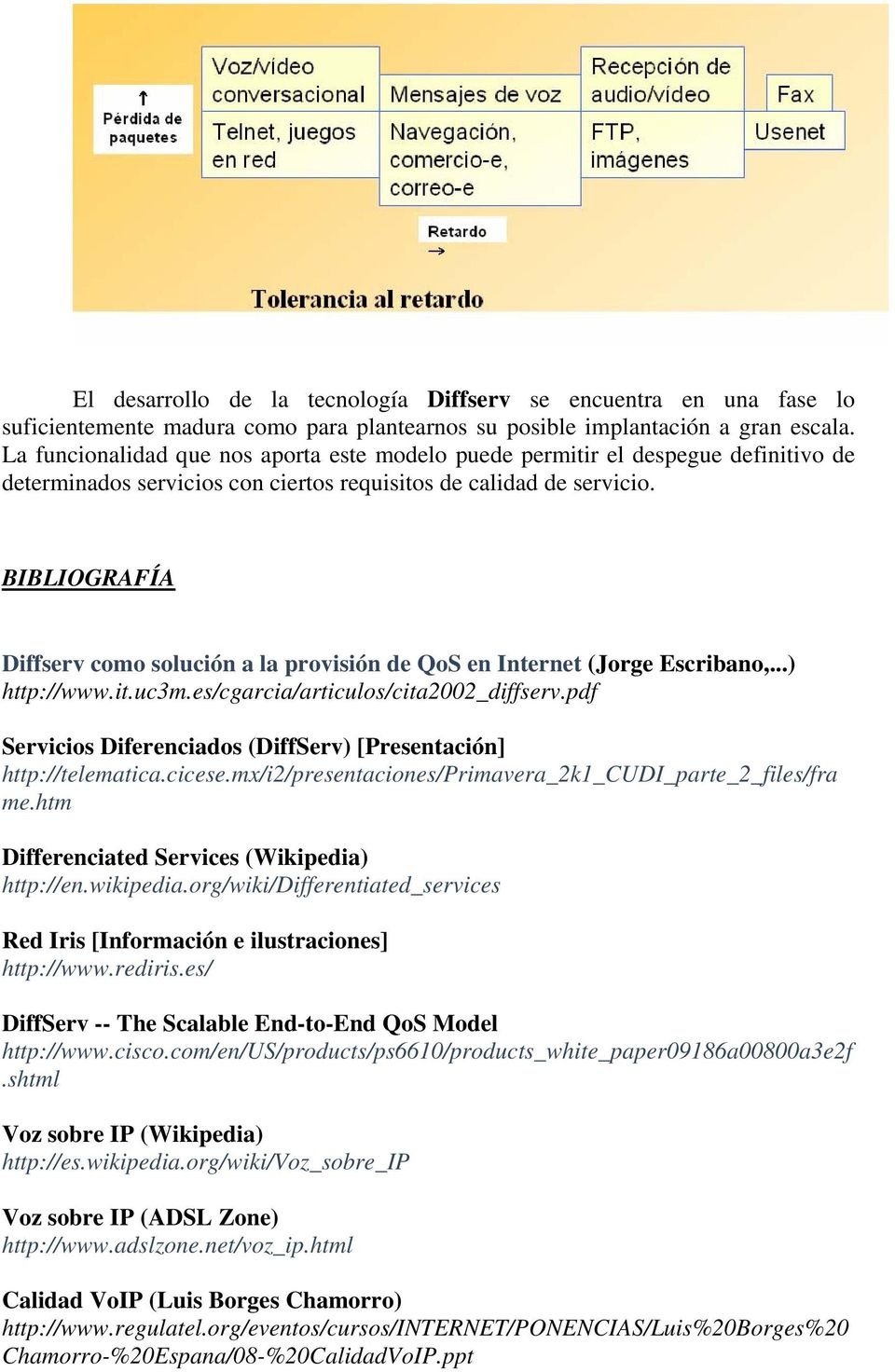 BIBLIOGRAFÍA Diffserv como solución a la provisión de QoS en Internet (Jorge Escribano,...) http://www.it.uc3m.es/cgarcia/articulos/cita2002_diffserv.
