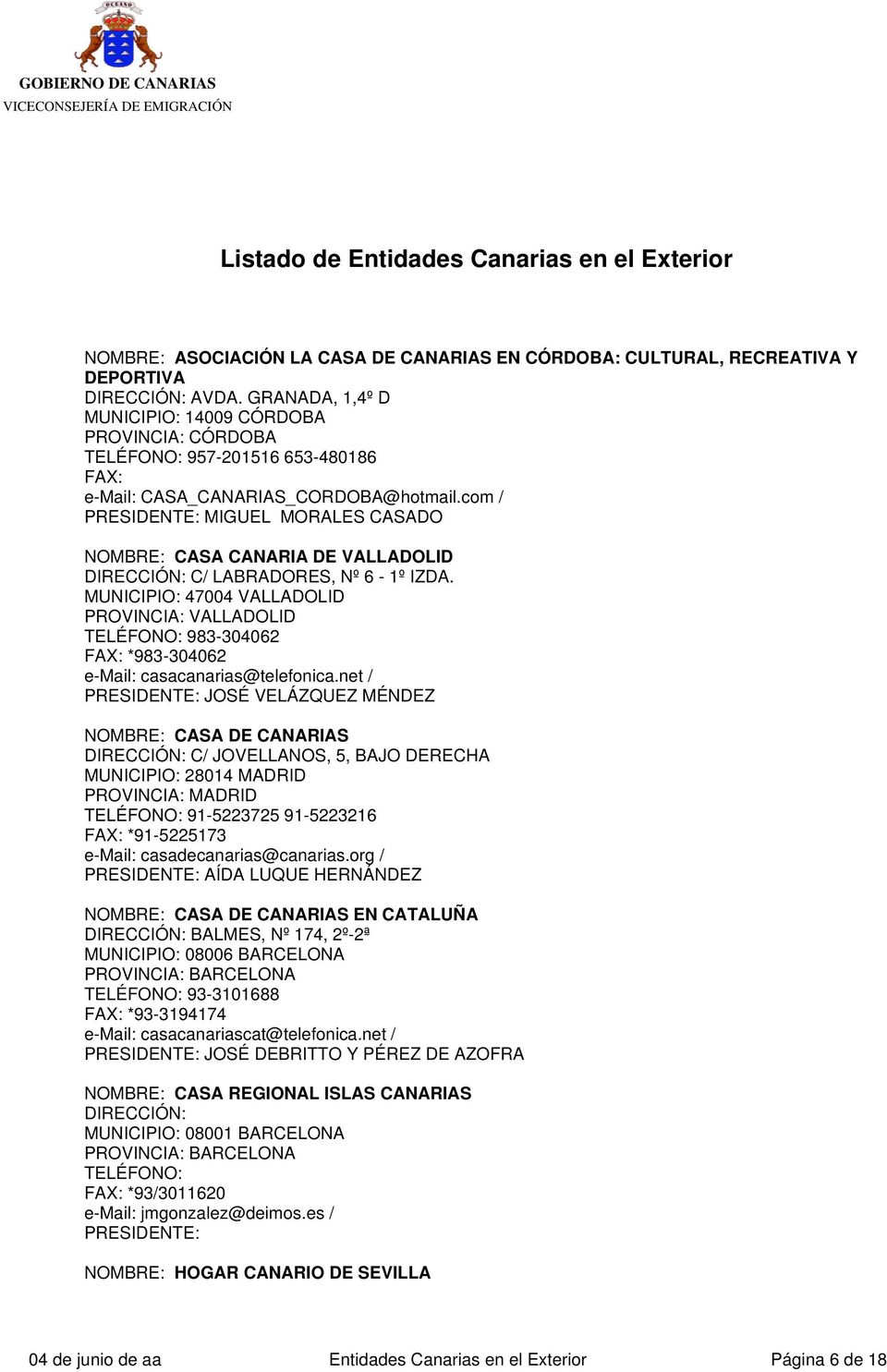 com / MIGUEL MORALES CASADO NOMBRE: CASA CANARIA DE VALLADOLID DIRECCIÓN: C/ LABRADORES, Nº 6-1º IZDA.