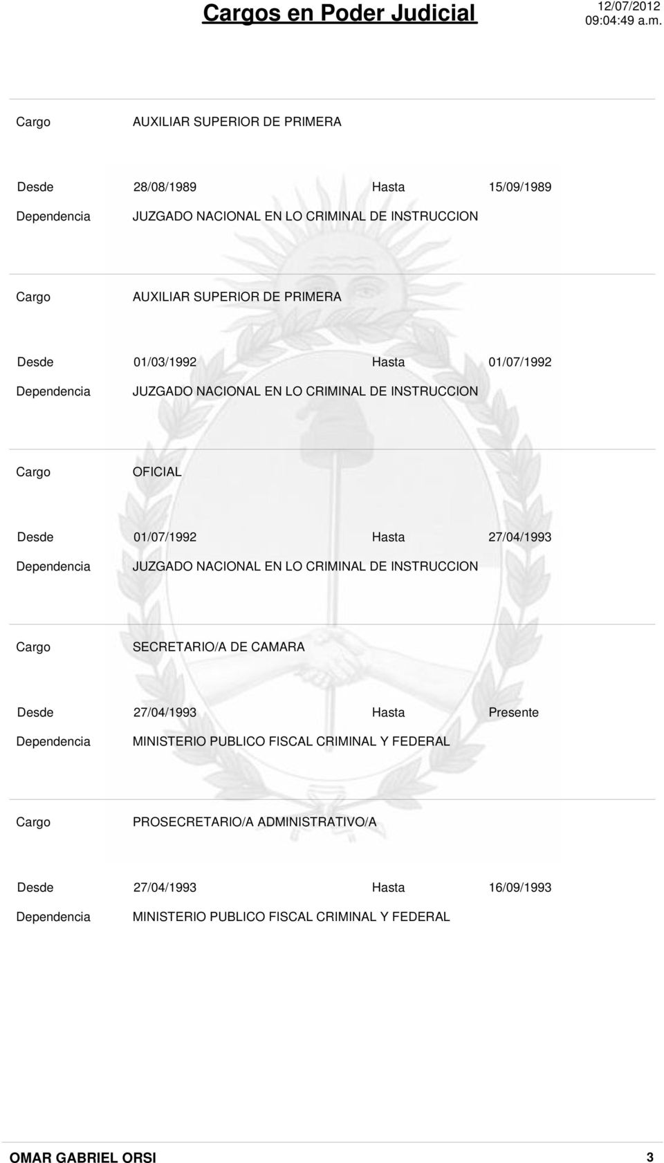 JUZGADO NACIONAL EN LO CRIMINAL DE INSTRUCCION SECRETARIO/A DE CAMARA 27/04/1993 Hasta Presente MINISTERIO PUBLICO FISCAL CRIMINAL Y