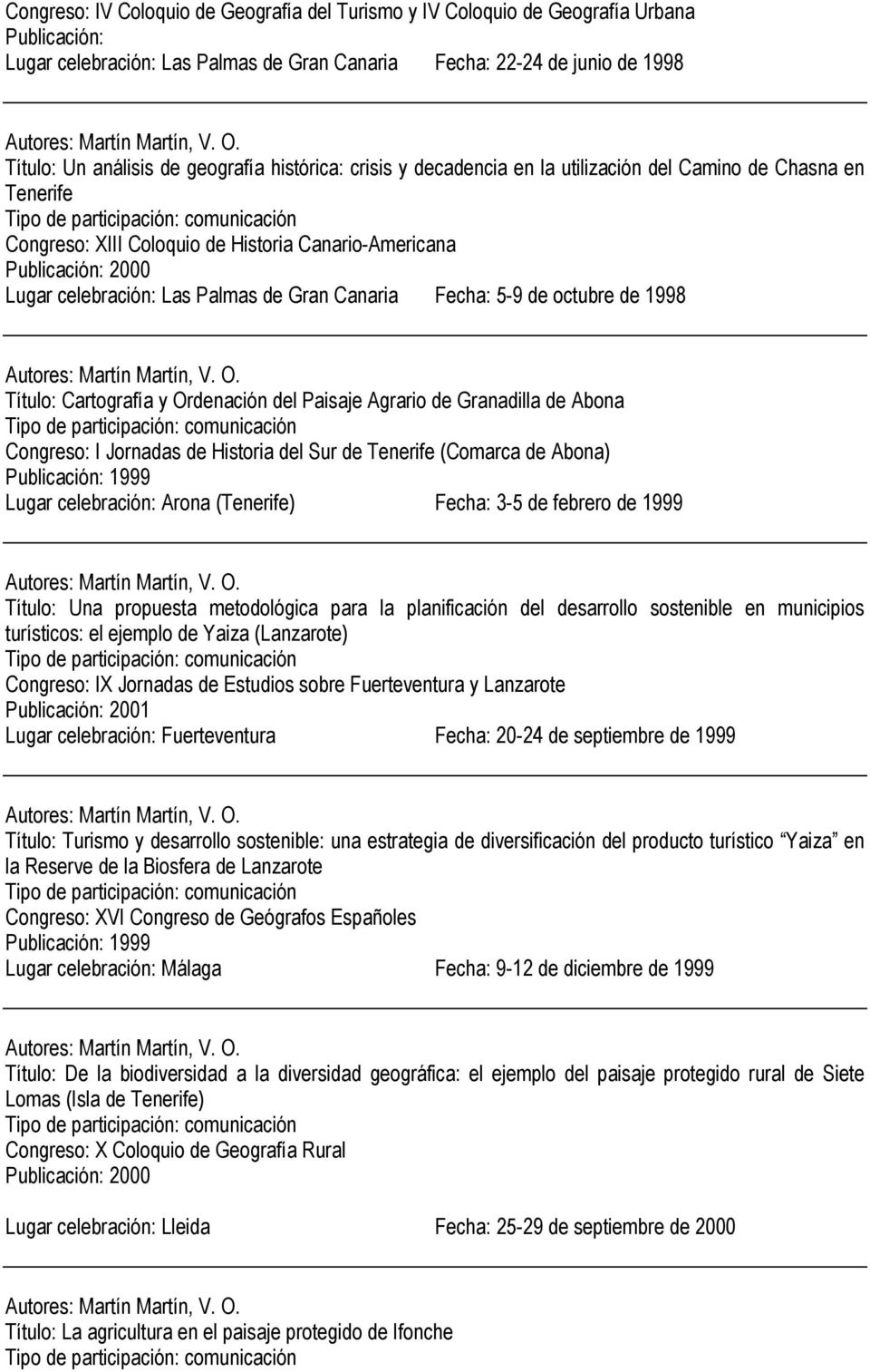 Gran Canaria Fecha: 5-9 de octubre de 1998 Título: Cartografía y Ordenación del Paisaje Agrario de Granadilla de Abona Congreso: I Jornadas de Historia del Sur de Tenerife (Comarca de Abona)