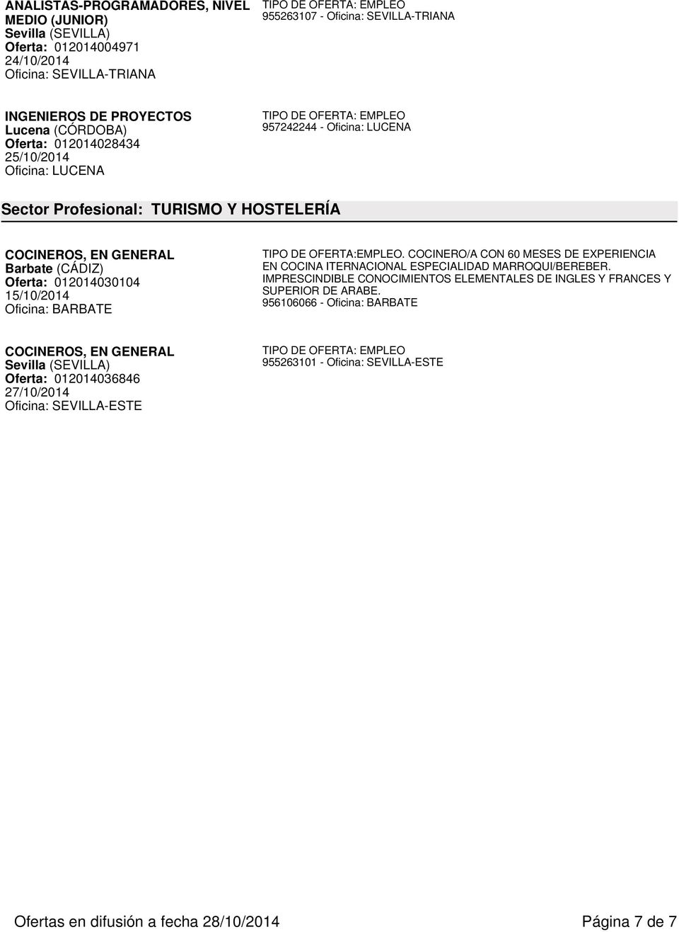 15/10/2014 Oficina: BARBATE TIPO DE OFERTA:EMPLEO. COCINERO/A CON 60 MESES DE EXPERIENCIA EN COCINA ITERNACIONAL ESPECIALIDAD MARROQUI/BEREBER.