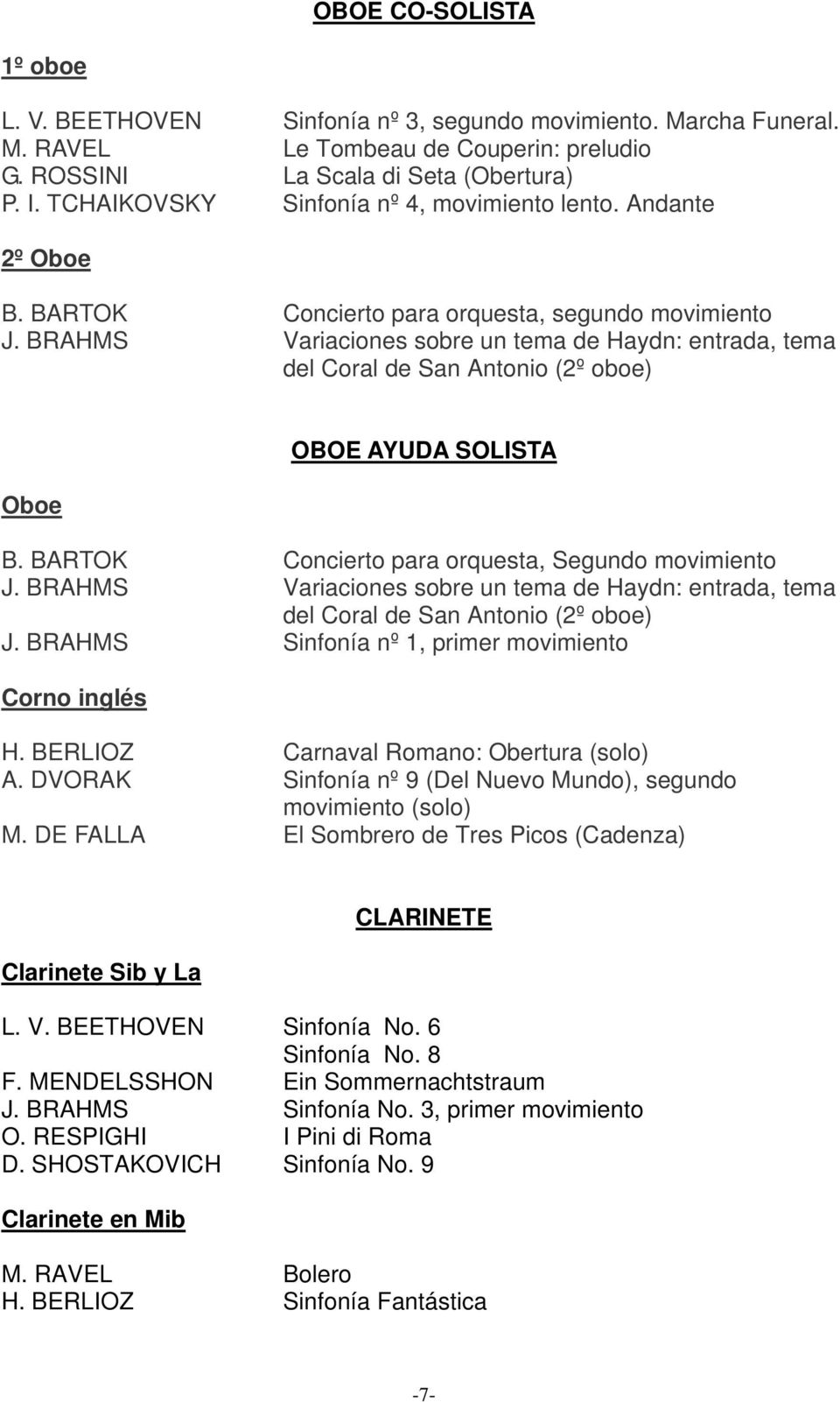 BRAHMS Variaciones sobre un tema de Haydn: entrada, tema del Coral de San Antonio (2º oboe) Oboe OBOE AYUDA SOLISTA B. BARTOK Concierto para orquesta, Segundo movimiento J.