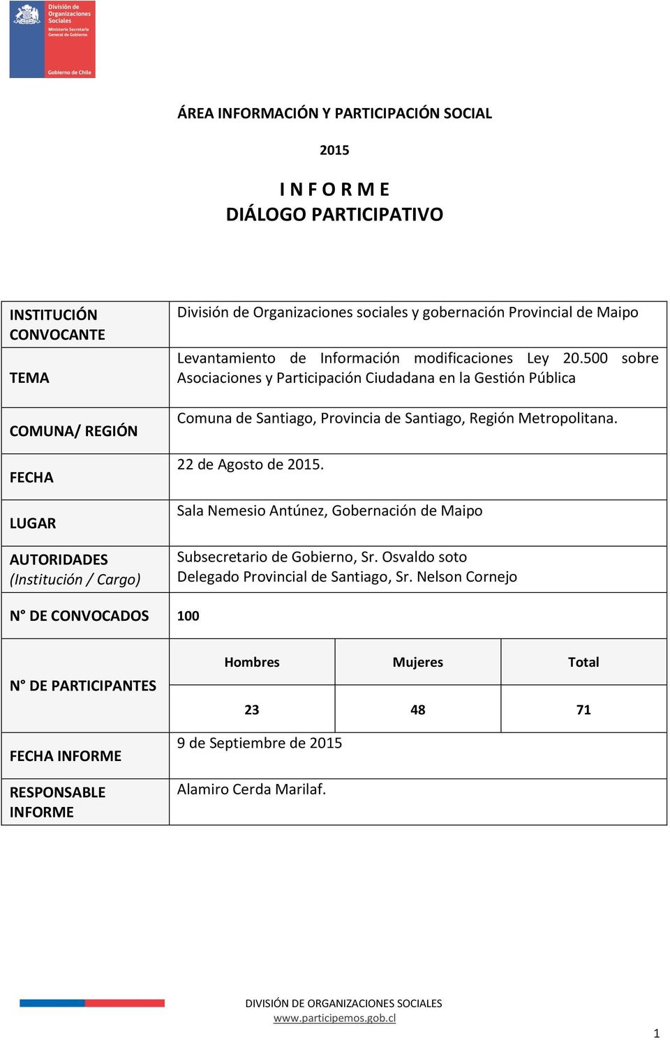 500 sobre Asociaciones y Participación Ciudadana en la Gestión Pública Comuna de Santiago, Provincia de Santiago, Región Metropolitana. 22 de Agosto de 2015.