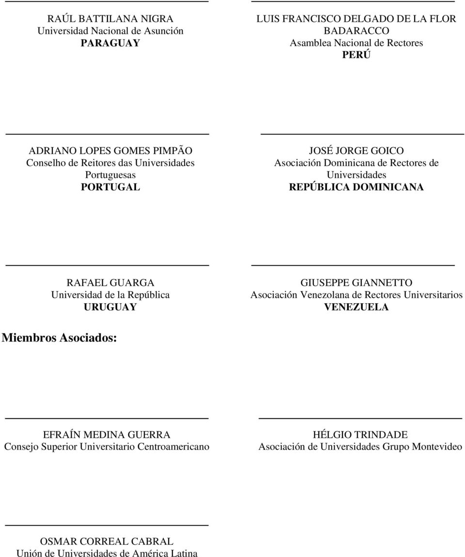 GUARGA Universidad de la República URUGUAY GIUSEPPE GIANNETTO Asociación Venezolana de Rectores Universitarios VENEZUELA Miembros Asociados: EFRAÍN MEDINA GUERRA
