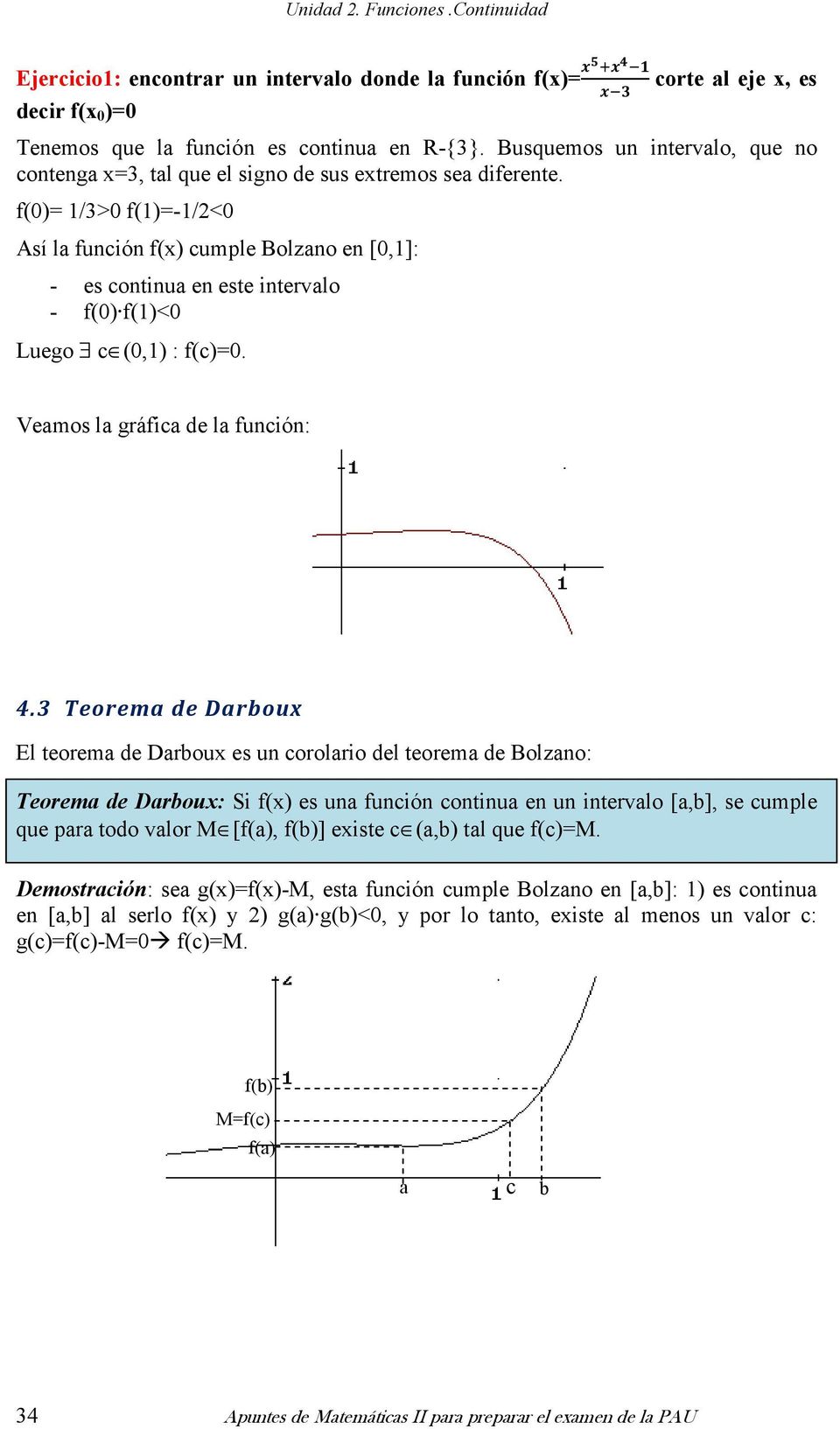 f()= 1/3> f(1)=-1/< Así la función f( cumple Bolzano en [,1]: - es continua en este intervalo - f() f(1)< Luego c (,1) : f(c)=. Veamos la gráfica de la función: 4.