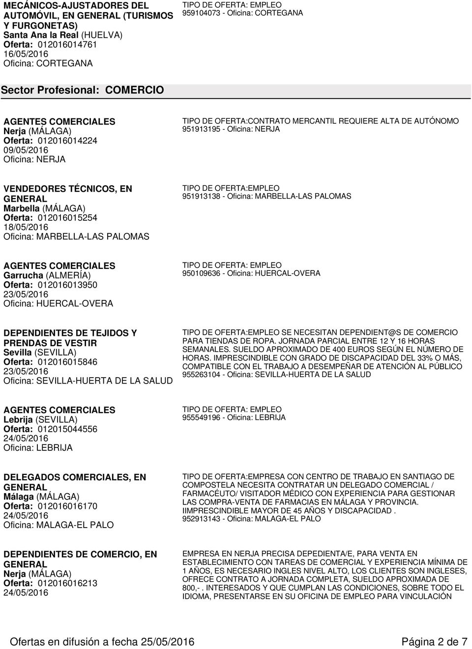 MARBELLA-LAS PALOMAS 951913138 - Oficina: MARBELLA-LAS PALOMAS Garrucha (ALMERÍA) Oferta: 012016013950 Oficina: HUERCAL-OVERA 950109636 - Oficina: HUERCAL-OVERA DEPENDIENTES DE TEJIDOS Y PRENDAS DE