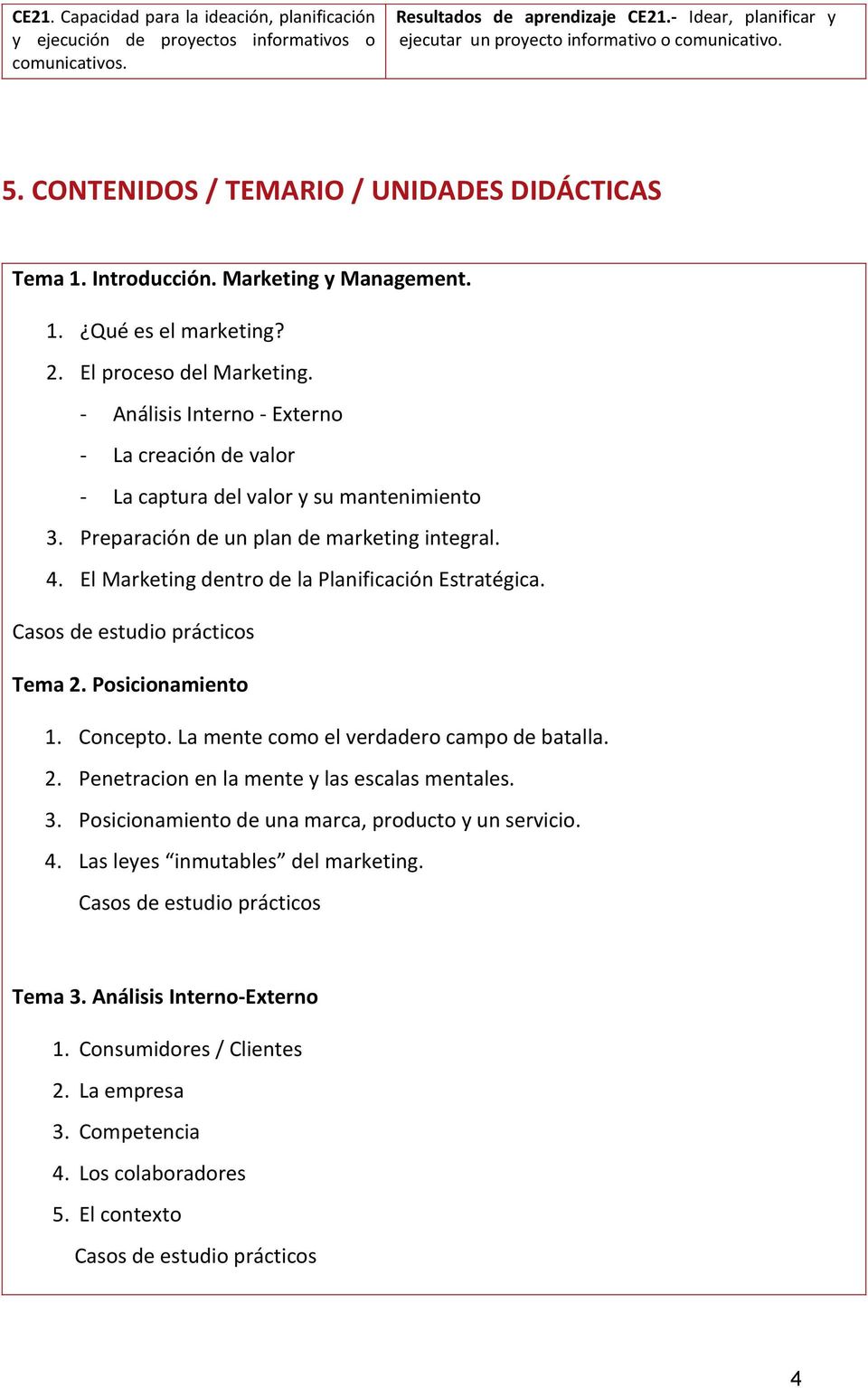 El proceso del Marketing. - Análisis Interno - Externo - La creación de valor - La captura del valor y su mantenimiento 3. Preparación de un plan de marketing integral. 4.
