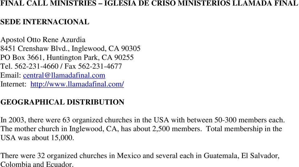 FINAL CALL MINISTRIES IGLESIA DE CRISO MINISTERIOS LLAMADA FINAL - PDF  Descargar libre
