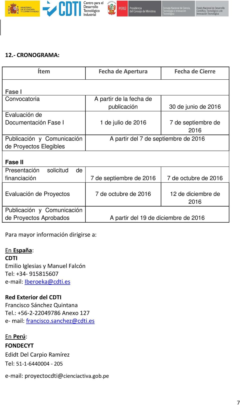 Pryects 7 de ctubre de 2016 12 de diciembre de 2016 Publicación y Cmunicación de Pryects Aprbads A partir del 19 de diciembre de 2016 Para mayr infrmación dirigirse a: En España: CDTI Emili Iglesias