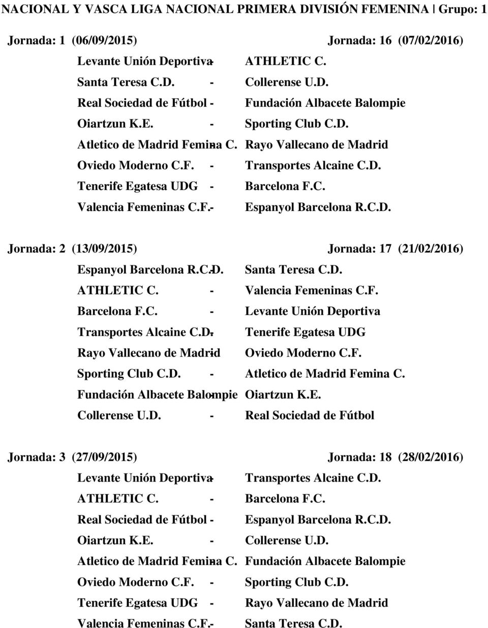 F. Sporting Club C.D. - Atletico de Madrid Femina C. Fundación Albacete Balompie - Oiartzun K.E. Collerense U.D. - Real Sociedad de Fútbol Jornada: 3 (27/09/2015) Jornada: 18 (28/02/2016) Transportes Alcaine C.