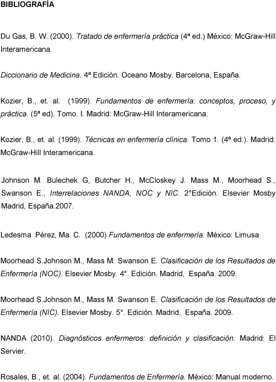 Bulechek G, Butcher H., McCloskey J. Mass M., Moorhead S., Swanson E., Interrelaciones NANDA, NOC y NIC. 2 Edición. Elsevier Mosby Madrid, España.2007. Ledesma Pérez, Ma. C.