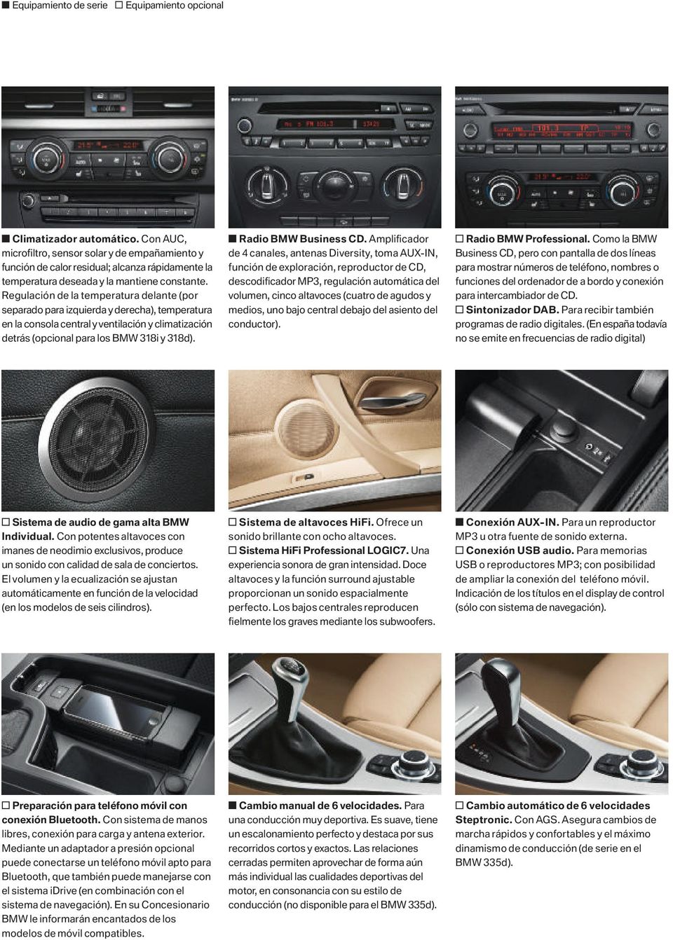Regulación de la temperatura delante (por separado para izquierda y derecha), temperatura en la consola central y ventilación y climatización detrás (opcional para los BMW y ). Radio BMW Business CD.