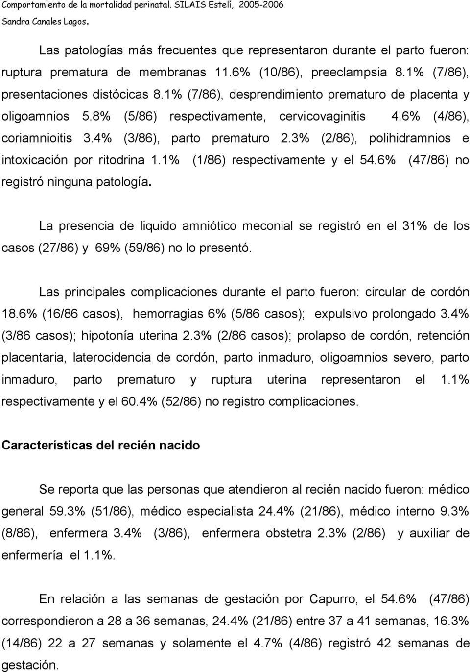 3% (2/86), polihidramnios e intoxicación por ritodrina 1.1% (1/86) respectivamente y el 54.6% (47/86) no registró ninguna patología.