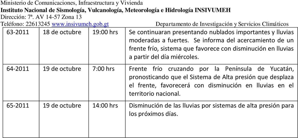 64-2011 19 de octubre 7:00 hrs Frente frío cruzando por la Península de Yucatán, pronosticando que el Sistema de Alta presión que desplaza