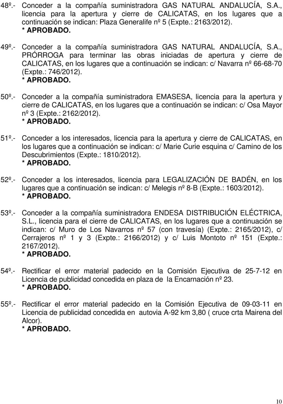 NATURAL ANDALUCÍA, S.A., PRÓRROGA para terminar las obras iniciadas de apertura y cierre de CALICATAS, en los lugares que a continuación se indican: c/ Navarra nº 66-68-70 (Expte.: 746/2012). 50º.