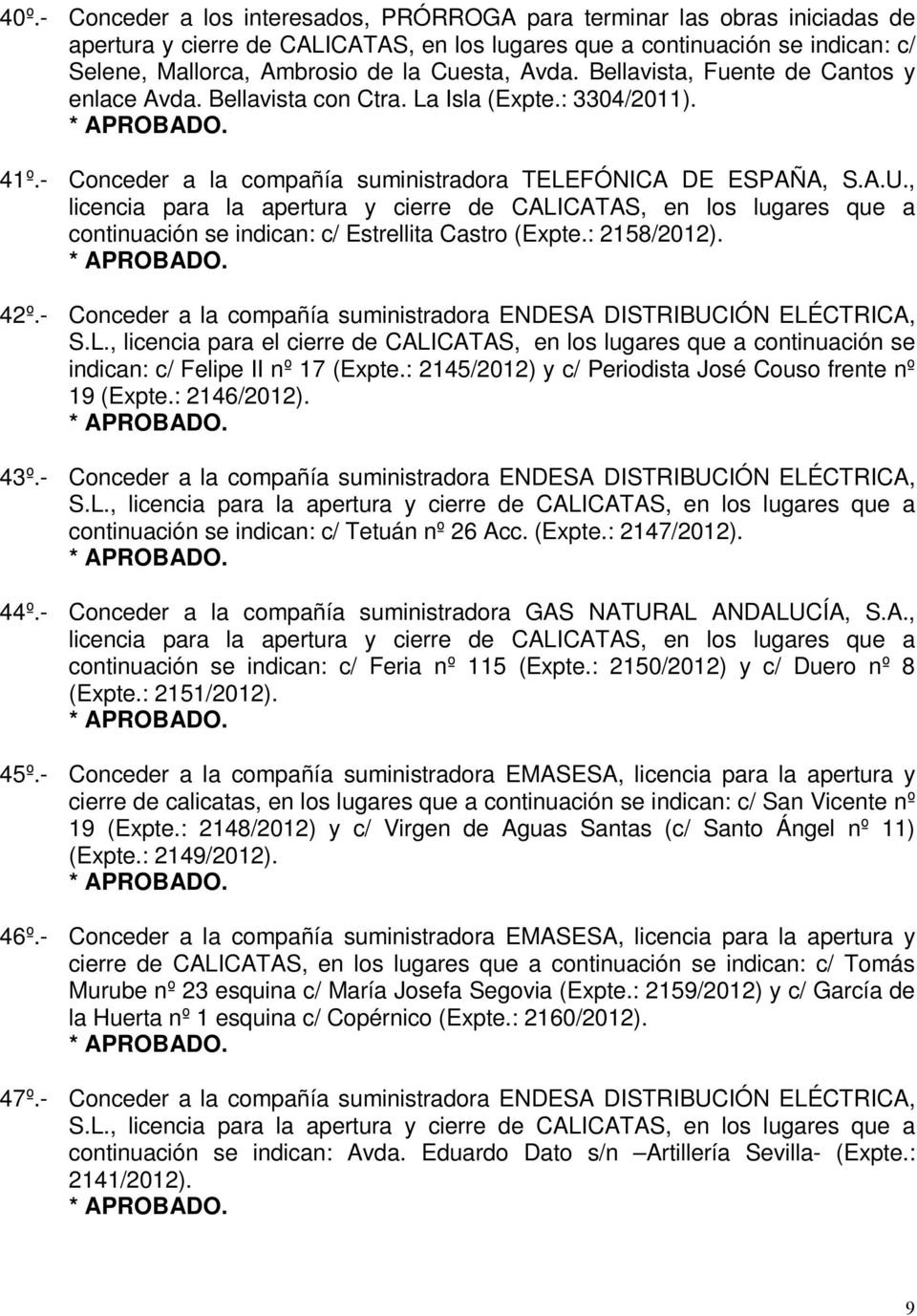 , licencia para la apertura y cierre de CALICATAS, en los lugares que a continuación se indican: c/ Estrellita Castro (Expte.: 2158/2012). 42º.