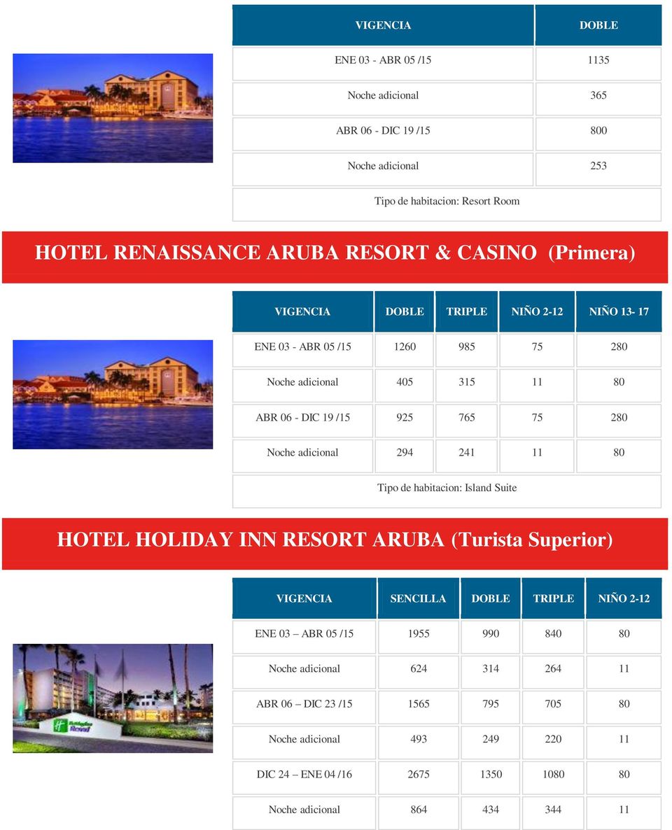 adicional 294 241 11 80 Tipo de habitacion: Island Suite HOTEL HOLIDAY INN RESORT ARUBA (Turista Superior) VIGENCIA SENCILLA DOBLE TRIPLE NIÑO 2-12 ENE 03 ABR 05 /15