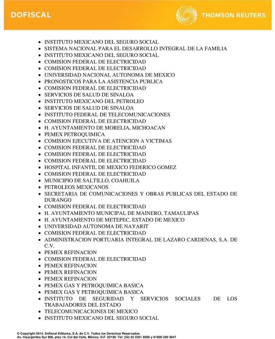 AYUNTAMIENTO DE MORELIA, MICHOACAN PEMEX PETROQUIMICA COMISION EJECUTIVA DE ATENCION A VICTIMAS HOSPITAL INFANTIL DE MEXICO FEDERICO GOMEZ MUNICIPIO DE SALTILLO, COAHUILA PETROLEOS MEXICANOS