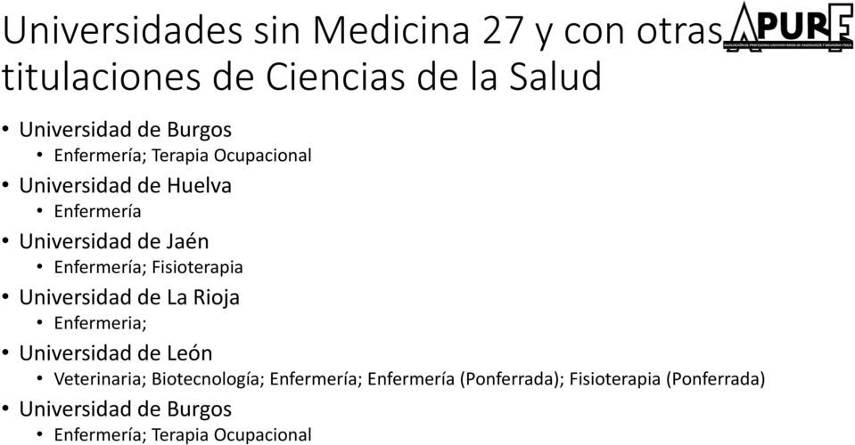 Fisioterapia Universidad de La Rioja Enfermeria; Universidad de León Veterinaria; Biotecnología;