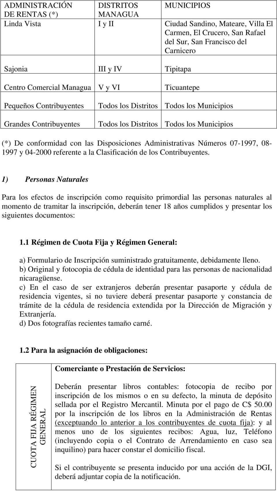 con las Disposiciones Administrativas Números 07-1997, 08-1997 y 04-2000 referente a la Clasificación de los Contribuyentes.