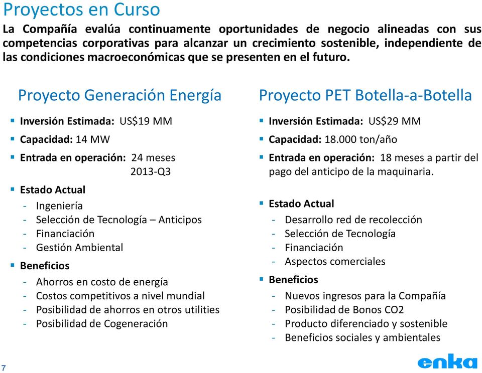 Proyecto Generación Energía Inversión Estimada: US$19 MM Capacidad: 14 MW Entrada en operación: 24 meses 2013Q3 Estado Actual Ingeniería Selección de Tecnología Anticipos Financiación Gestión