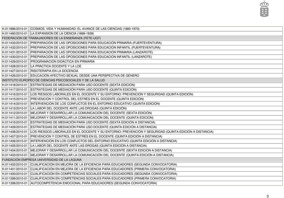 011431/2010-01 PREPARACIÓN DE LAS OPOSICIONES PARA EDUCACIÓN PRIMARIA (LANZAROTE) H.011430/2010-01 PREPARACIÓN DE LAS OPOSICIONES PARA EDUCACIÓN INFANTIL (LANZAROTE) H.
