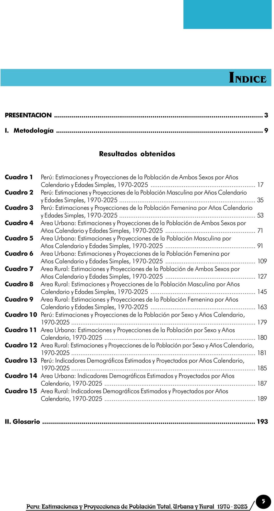 .. 35 Cuadro 3 Perú: Estimaciones y Proyecciones de la Población Femenina por Años Calendario y Edades Simples, 1970-2025.
