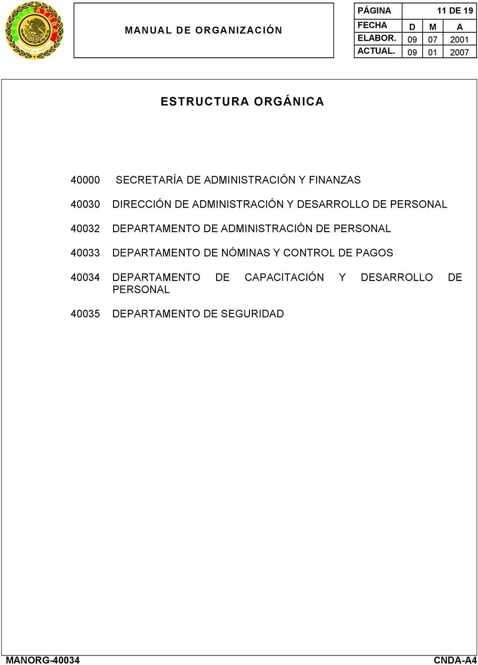 ADMINISTRACIÓN DE PERSONAL 40033 DEPARTAMENTO DE NÓMINAS Y CONTROL DE PAGOS 40052