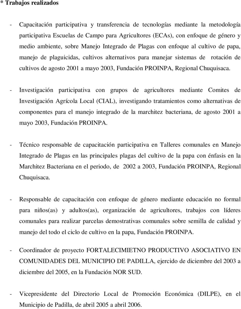 Fundación PROINPA, Regional Chuquisaca.