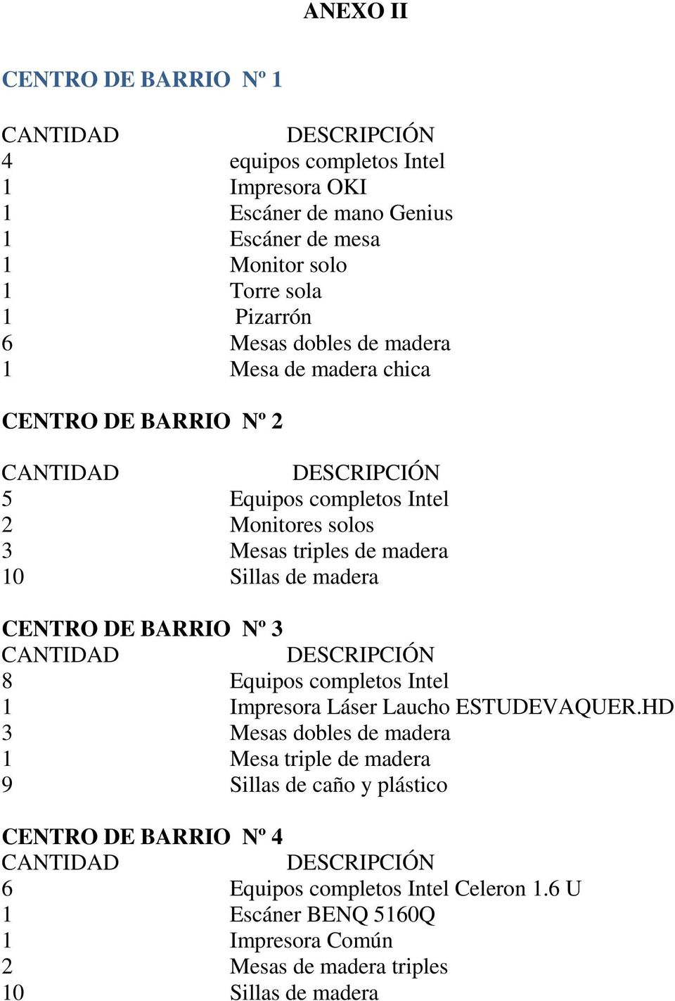 CENTRO DE BARRIO Nº 3 8 Equipos completos Intel 1 Impresora Láser Laucho ESTUDEVAQUER.