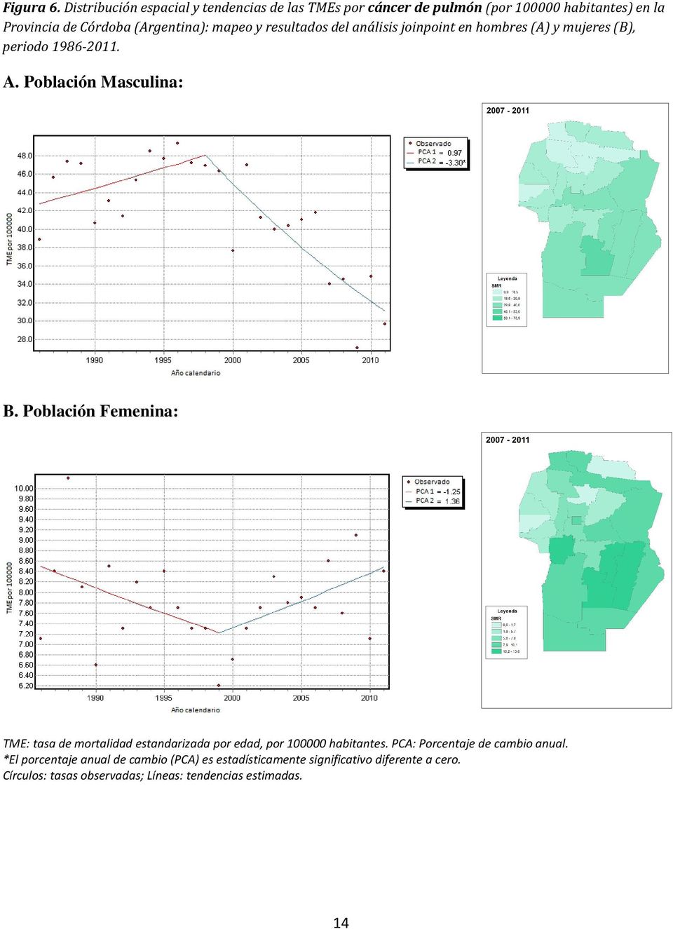 mapeo y resultados del análisis joinpoint en hombres (A) y mujeres (B), periodo 1986-2011. A. Población Masculina: B.