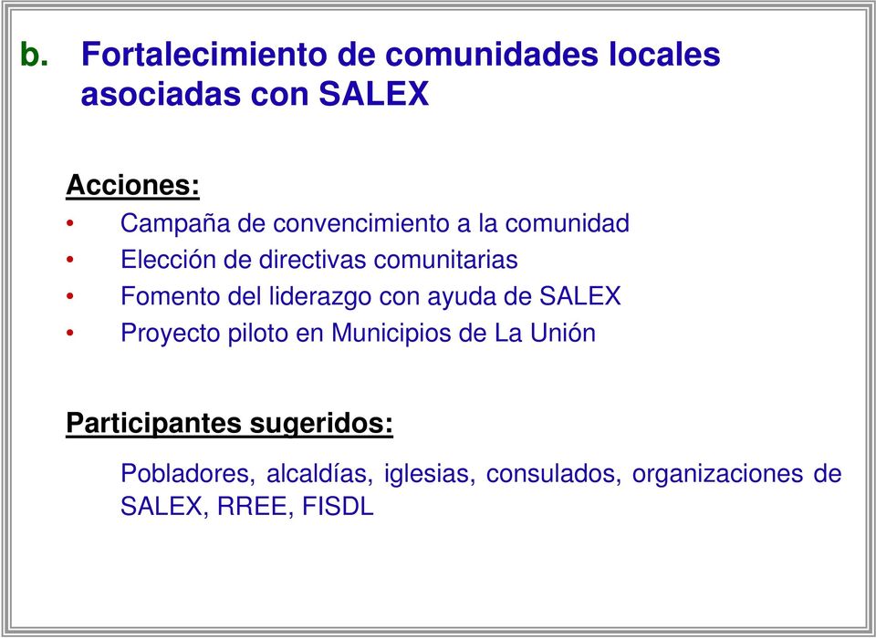liderazgo con ayuda de SALEX Proyecto piloto en Municipios de La Unión Participantes