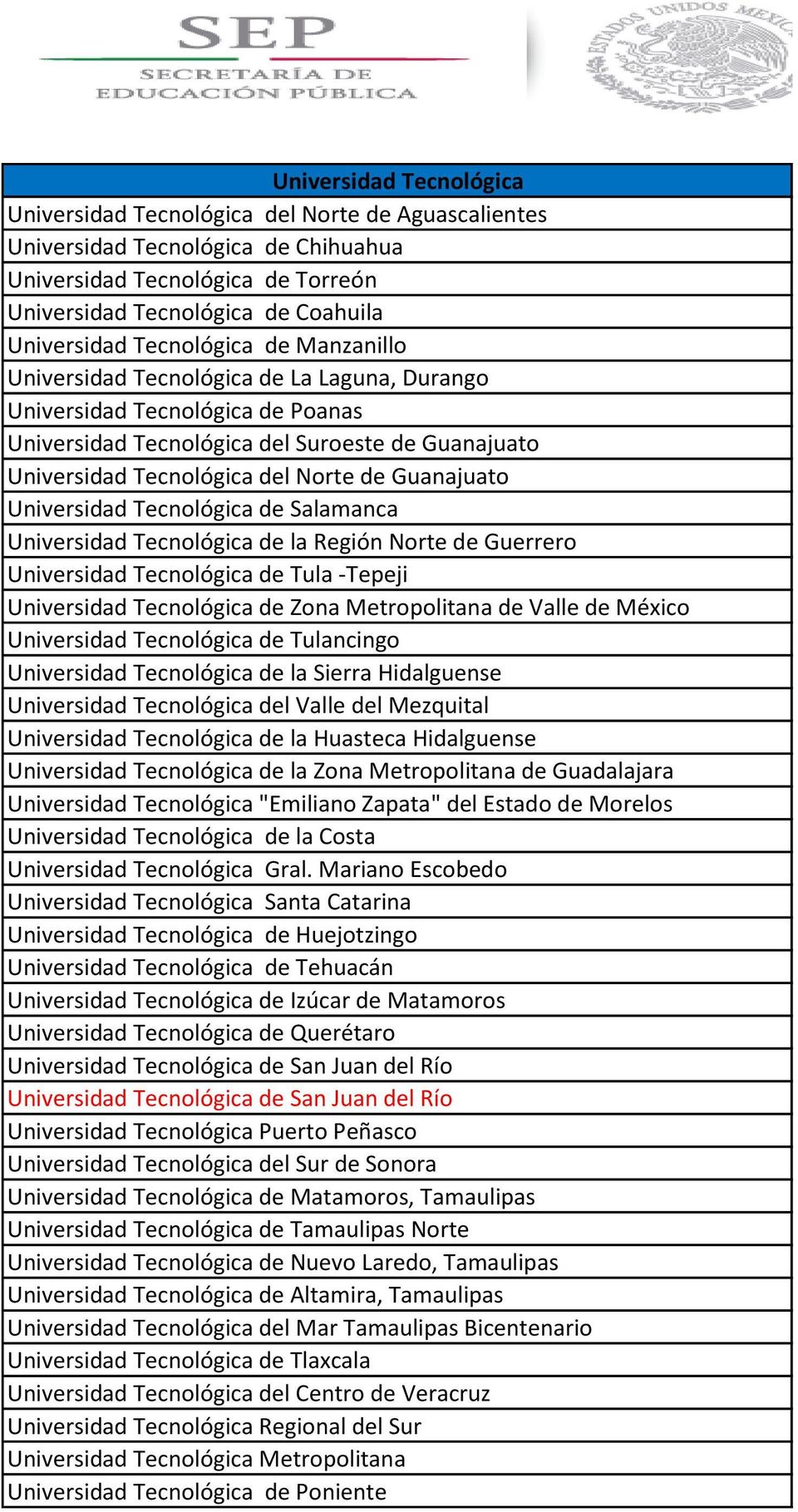Guanajuato Universidad Tecnológica de Salamanca Universidad Tecnológica de la Región Norte de Guerrero Universidad Tecnológica de Tula -Tepeji Universidad Tecnológica de Zona Metropolitana de Valle