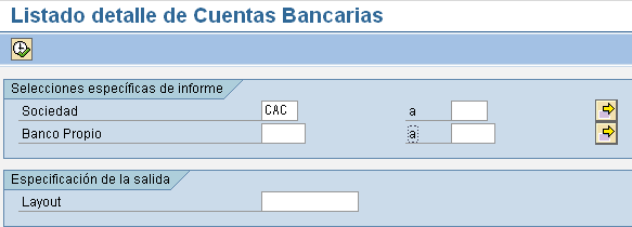 Detalle de Cuentas Bancarias Propias (Z53_FITR_CTAS_BRIAS) Descripción de la Transacción: Esta transacción permite, visualizar el detalle las Cuentas Bancarias Propias, es decir, las cuentas con las