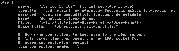 2. Configuración freeradius Editar /etc/freeradius/modules/ldap: En la sección ldap {} indicamos dirección IP del servidor Lliurex (puede ser localhost si es el