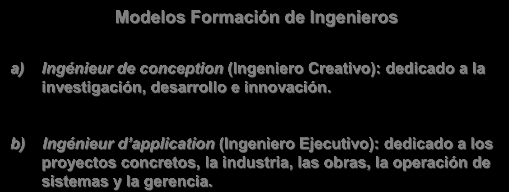 Modelos Formación de Ingenieros a) Ingénieur de conception (Ingeniero Creativo): dedicado a la investigación, desarrollo e innovación.