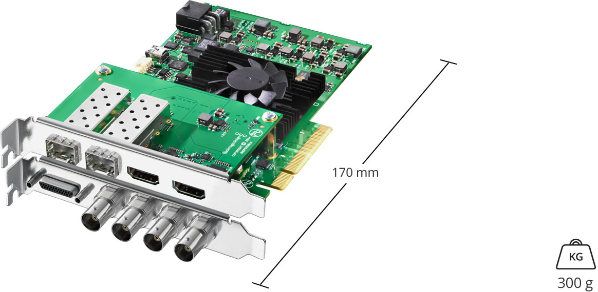 F) Humedad relativa: 0 a 90 % sin condensación Especificaciones físicas Artículos incluidos DeckLink 4K Extreme 12G Tarjeta PCM HDMI Tarjeta de memoria con manual y programas.