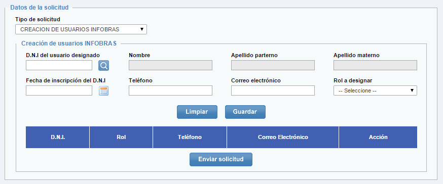 Dicho módulo cuenta con dos campos: datos de la solicitud y creación de usuarios INFOBRAS.